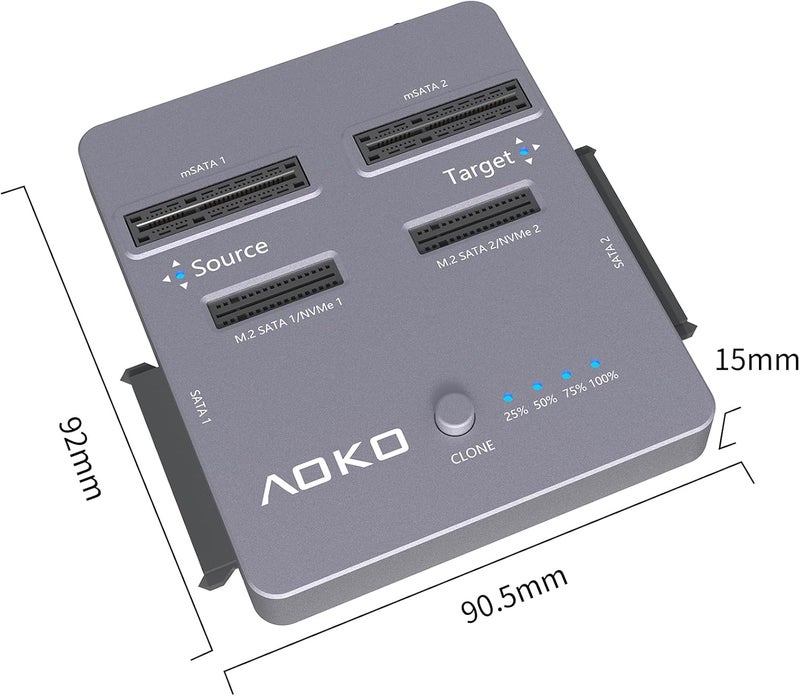 AOKO ناسخ SSD M.2 NVMe، ناسخ/قارئ أقراص صلبة مزدوجة 4 في 1، يدعم M.2 NVMe/NGFF SATA، mSATA و SATA 2.5"/3.5" HDD، النسخ غير المتصل بدون كمبيوتر - Image 2